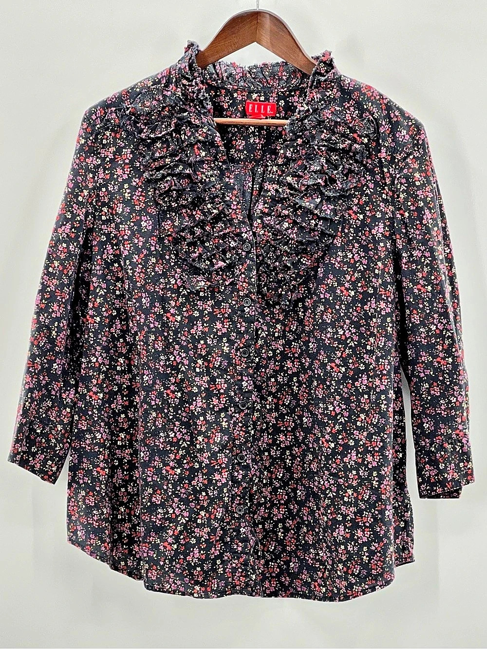 566 Elle Floral Ruffle Blouse in Black & Pink XL